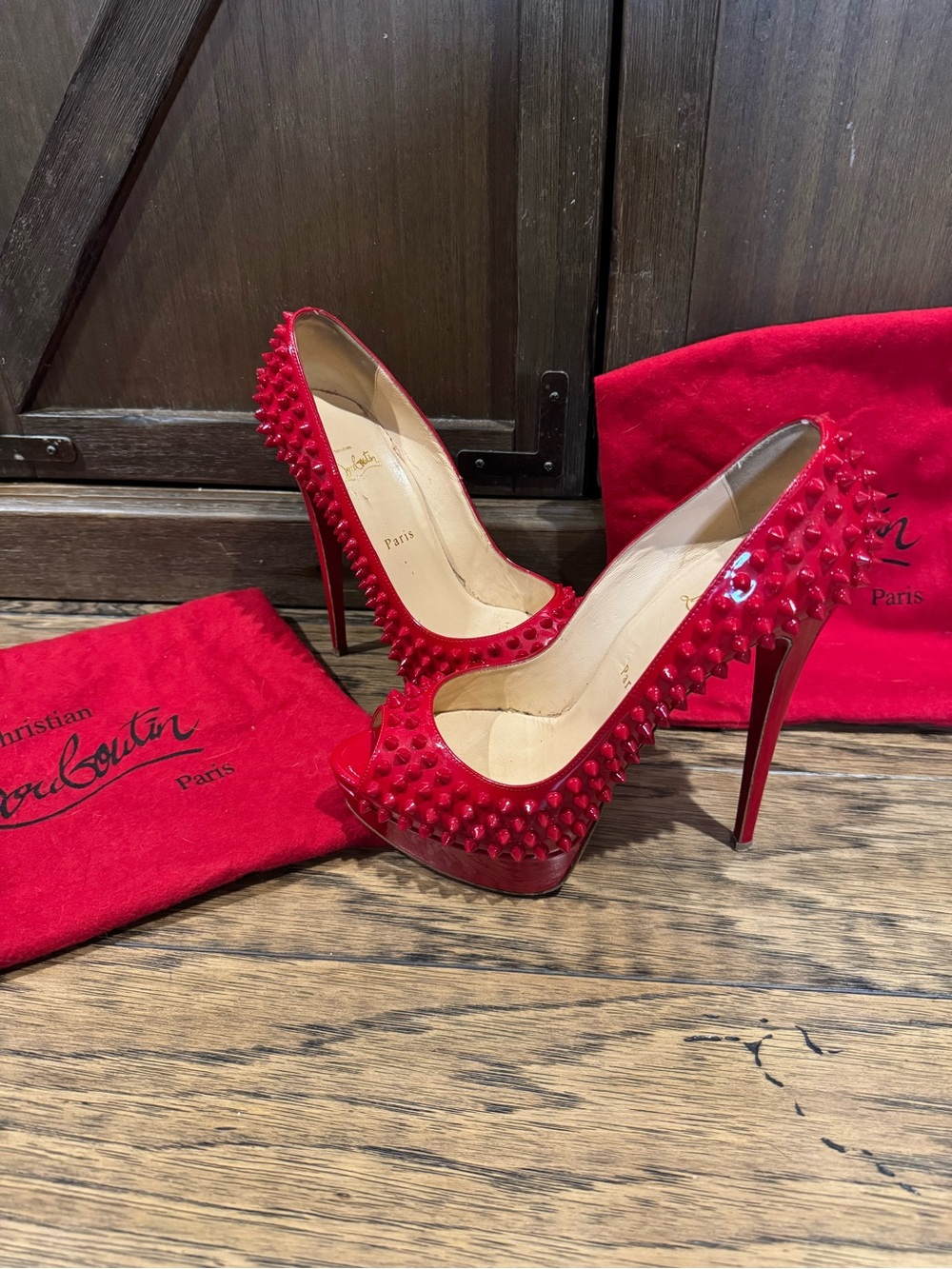 Christian Louboutin Red Spiked Platform Heels Patent Pumps Size 40.5